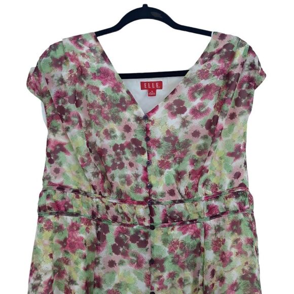 Elle Cottagecore Boho Peasant SharkBite Hem Floral Midi Dress Green Pink Sz 1X - Picture 4 of 10